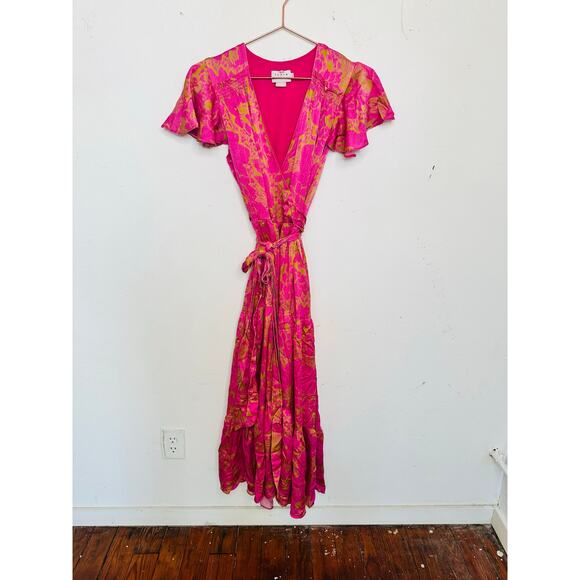 TANYA TAYLOR Women's Pink Orange Floral 100% Silk V-Neck Lisa Wrap Dress size 2 - Picture 4 of 16